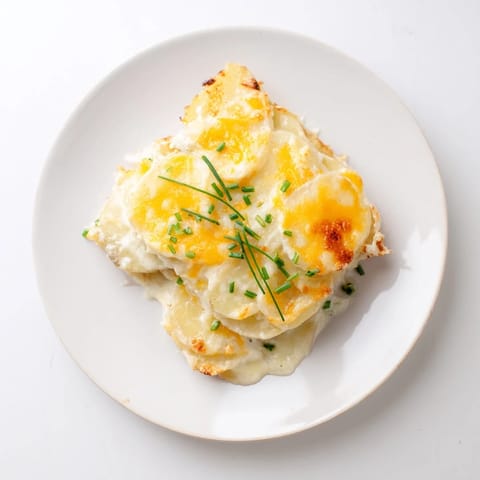 A close-up of creamy Cheesy Scalloped Potatoes, layered with rich cheddar, ready to be served.