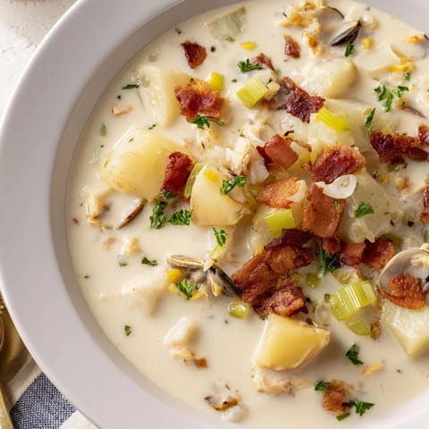 This warm and comforting New England Clam Chowder features bacon bits and fresh parsley garnish.