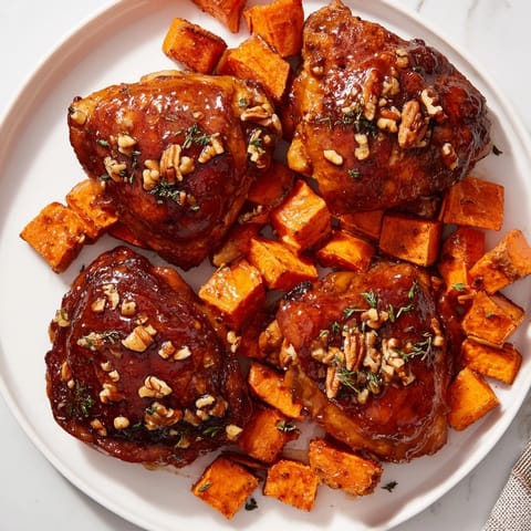 Perfectly roasted maple glazed chicken thighs, glistening with a rich glaze alongside sweet potato cubes.