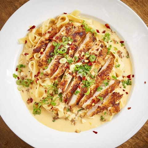 Picture creamy, cheesy Southern Style Creamy Parmesan Chicken Pasta with tender chicken strips ready to eat.