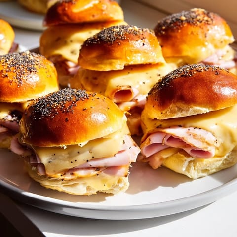Mouthwatering, easy-to-make Budget-Friendly Ham & Cheese Sliders, ideal for sharing during game day or parties.