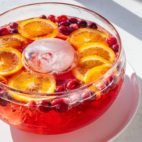 Chilled Quick Holiday Punch with Ice Ring, ready to serve in a punch bowl with a festive ice ring.