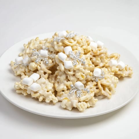 Homemade Ski Season Snowflake Snack Mix, coated in white chocolate, and sprinkled with wintery shapes.