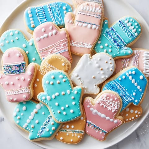 Warm & toasty mitten cookies, delightfully decorated, presented as a dazzling display.