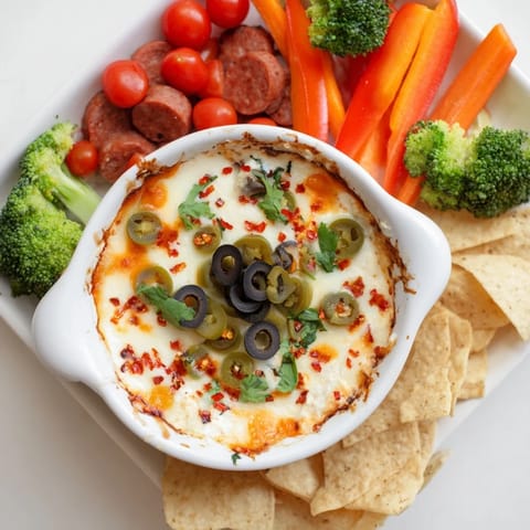 A close-up of a Lava Flow Volcano dip platter; spicy cheese erupts onto fresh veggies and chips.