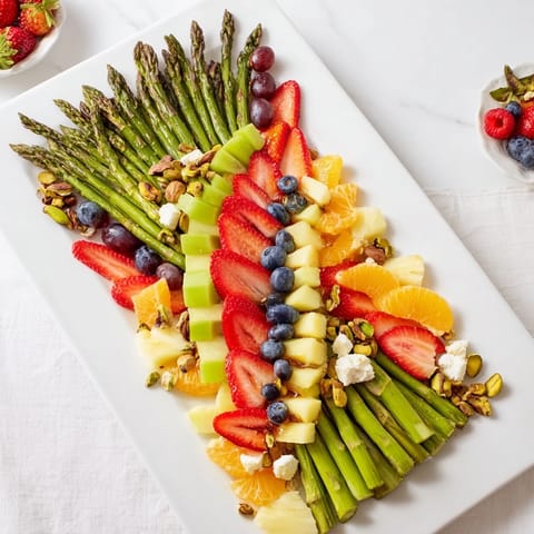 Beautifully arranged Asparagus Stem Floral Fruit Board bursting with vibrant seasonal fruits, perfect appetizer.