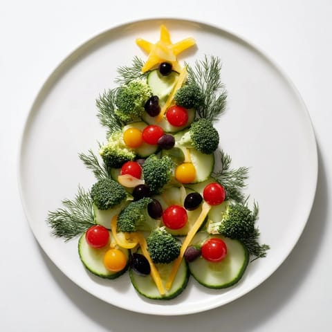 Festive Tree Cucumber Tomato Platter: A fresh, colorful platter of cucumbers, tomatoes, and broccoli, ready to serve.