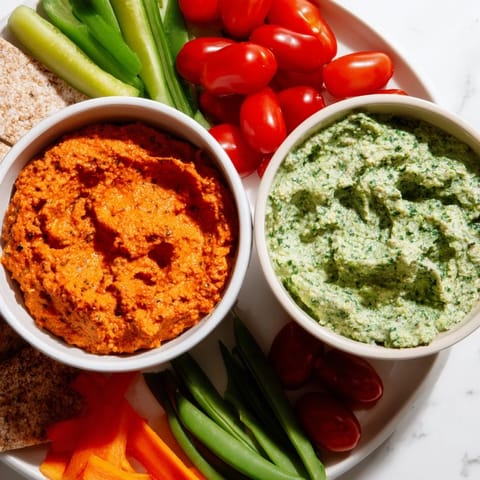 Creamy roasted red pepper dip and vibrant green goddess dip are featured on a holiday Festive Dip board with fresh veggies.
