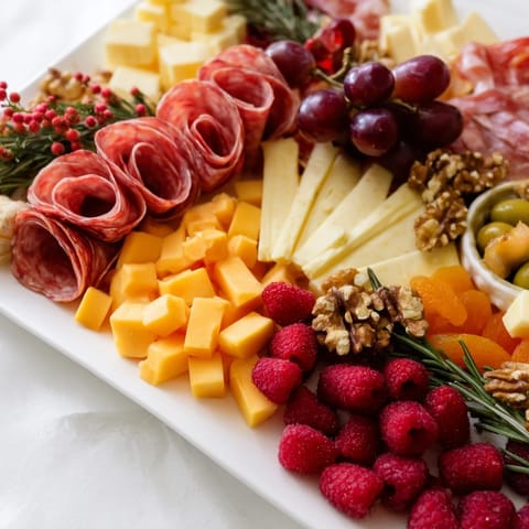 A stunning holiday Festive Stocking Charcuterie Board with colorful meats, cheeses, and fresh garnishes.