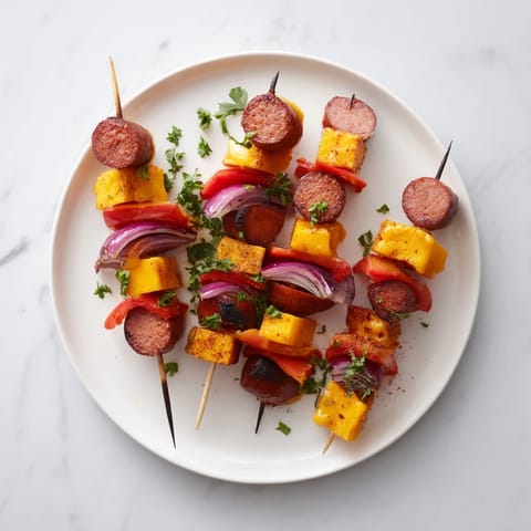 Grilled savory sausage and cheese skewers, sizzling on a grill, offering smoky and cheesy bites.