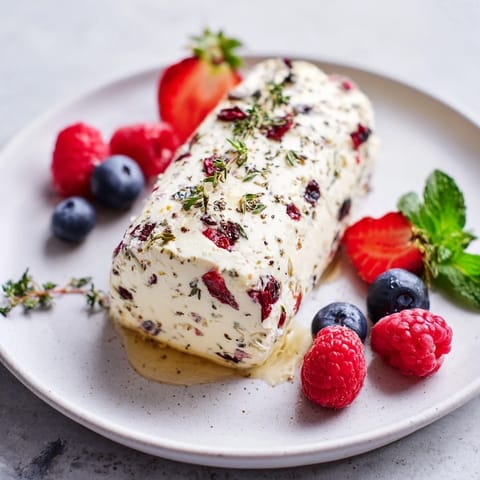 A close-up of a delightful cranberry goat cheese log, showcasing fresh berries for a tasty presentation.