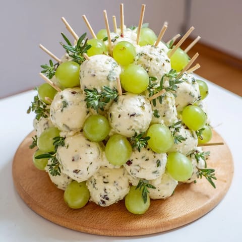 This Mistletoe Kissing Ball displays a glorious mix of grapes, cheese balls, and fragrant herbs arranged festively.