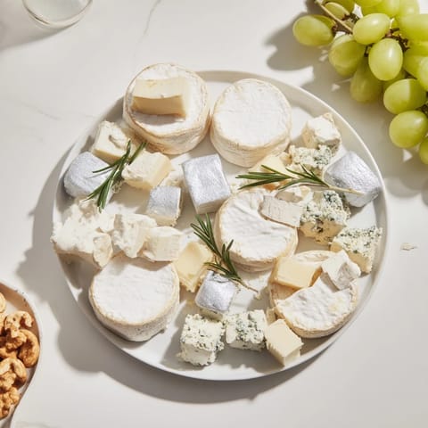 A delicious Winter Wonderland Platter offers an array of white cheeses, fruits, and crackers perfect for entertaining.