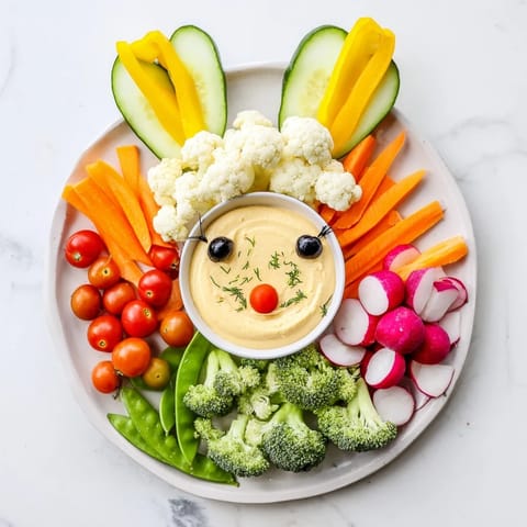 This spring-inspired Bunny Meadow Veggie Board features vibrant carrot ears and fresh dill "grass."