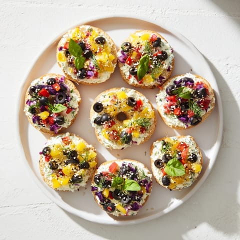 Delicious cream cheese-covered mini bagels arranged as the Olympic Rings Medal Appetizer.
