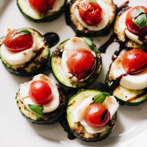 Vibrant Zucchini Caprese Bites appetizer; fresh mozzarella, juicy tomatoes and basil atop baked zucchini.