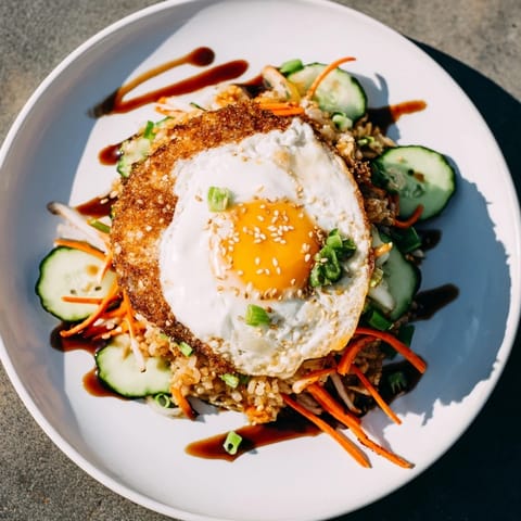 This delicious crispy egg rice bowl shows a fried egg ready to be broken over golden rice.