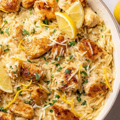 A close-up of Creamy Lemon Chicken Orzo, garnished with parsley and lemon slices ready to enjoy.
