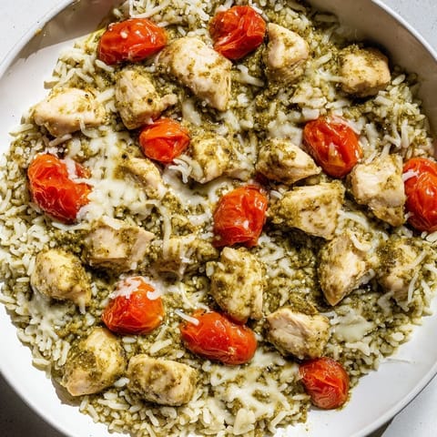 Golden, cheesy Chicken Pesto Rice Bake fresh out of the oven, ideal for a comforting weeknight meal.