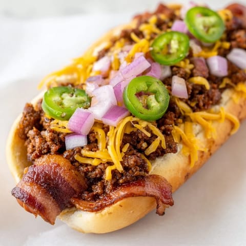 Smoky, sizzling Mexican Hot Dogs with ground beef, vibrant toppings, and crispy bacon, cooked to perfection.