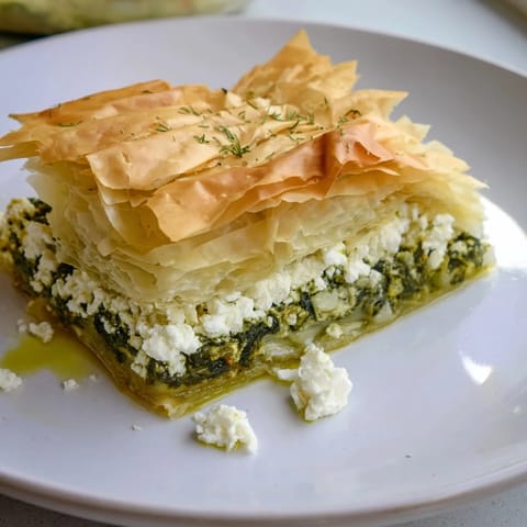 A close-up of a bubbling, savory Greek spanakopita, showing the delicious spinach and feta filling.