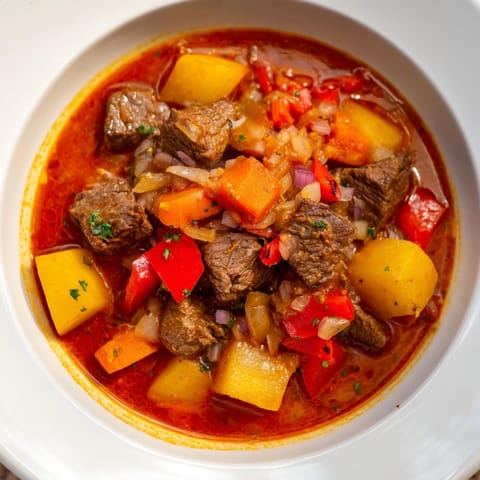 Close-up of hearty Hungarian Goulash Stew, showcasing rich brothy color and chunks of beef.