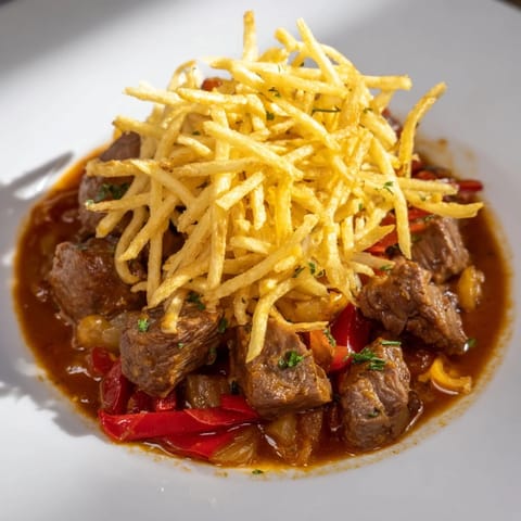 Savory close-up of Czech Goulash with tender beef and golden, crispy fried potato strips.