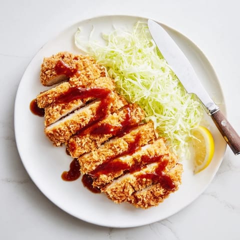 Juicy, panko-crusted Chicken Katsu cutlets fried to perfection, paired with shredded cabbage and a lemon wedge for brightness.