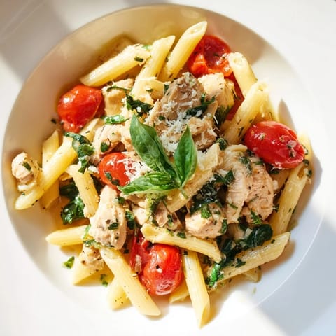 A steaming serving of One-Pan Lemon Herb Pasta Chicken plated in a white ceramic bowl, highlighting tender chicken and vibrant green herbs.