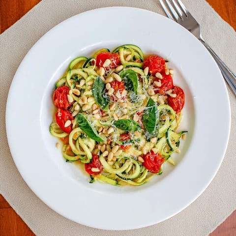 Creamy avocado pesto coats delicate zucchini noodles in this low carb, gluten free main dish, topped with toasted pine nuts.  