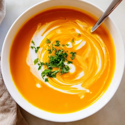 Close-up of roasted carrot and ginger soup in a rustic bowl, showing the velvety texture and drizzle of cream on top.
