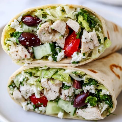 Juicy lemon-marinated chicken and crisp Greek salad ingredients wrapped in a warm tortilla with shredded lettuce. 