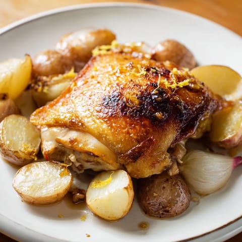 Juicy roasted radishes and red onion wedges from the Roasted Radish & Chicken Sheet Pan are served alongside tender chicken thighs. 