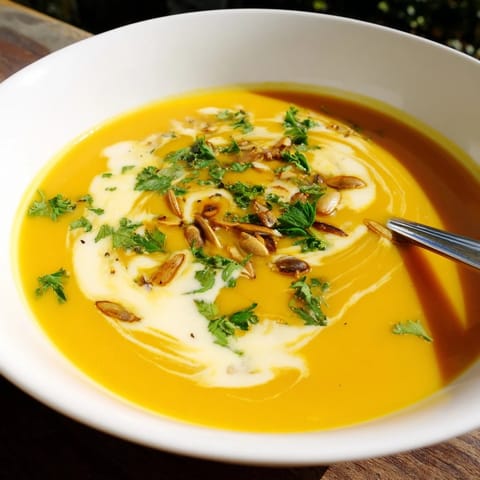 Silky butternut squash soup with a swirl of coconut milk and a sprinkle of pumpkin seeds.