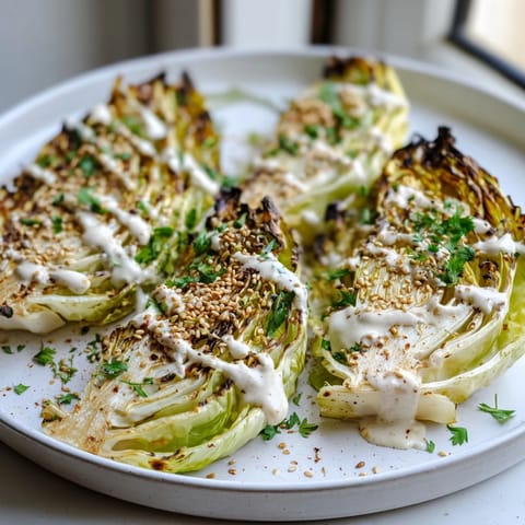 A close-up of tender roasted cabbage wedges glazed with nutty tahini sauce, garnished with toasted sesame seeds and a pinch of smoked paprika.