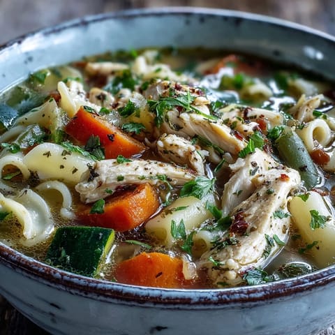 Steaming bowl of hearty Pasta Soup With Chicken and Vegetables, garnished with fresh parsley and Parmesan.