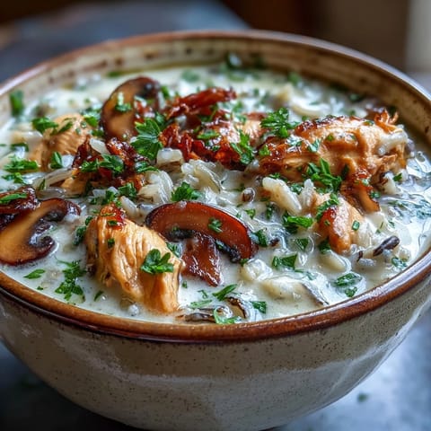 A close-up of Parmesan Mushroom Chicken and Wild Rice Soup, featuring tender chicken, cremini mushrooms, and chopped parsley in a creamy broth.
