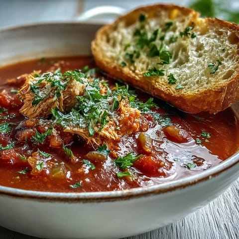 A close-up of Tuna and Tomato Soup in a rustic white bowl, with tender tuna flakes and diced tomatoes in a rich red broth, garnished with fresh parsley.