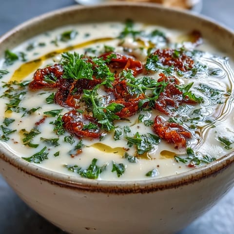 Creamy white bean soup with tomato is served in a rustic bowl, garnished with fresh parsley and a swirl of cream.