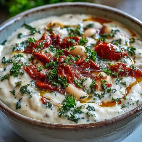 Steaming white bean soup with tomato features bright red diced tomatoes and a sprig of fresh basil on top.