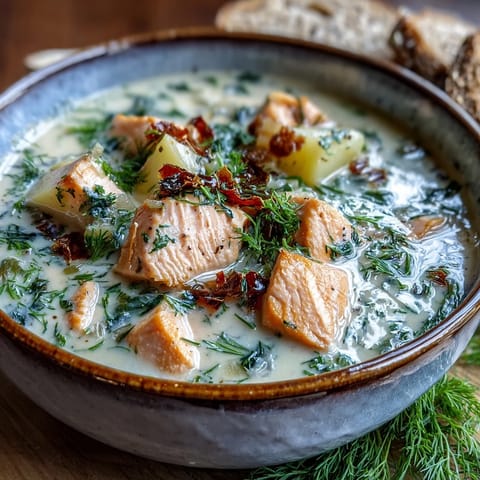 Creamy Finnish Salmon Soup with tender salmon cubes, potatoes, and fresh dill, served steaming in a rustic bowl.