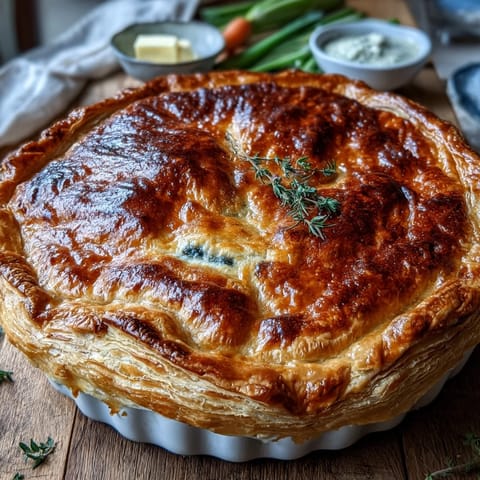 Savory Chicken and Leek Pie is served in a white ceramic dish alongside a green salad and mashed potatoes, perfect for a cozy weeknight dinner.
