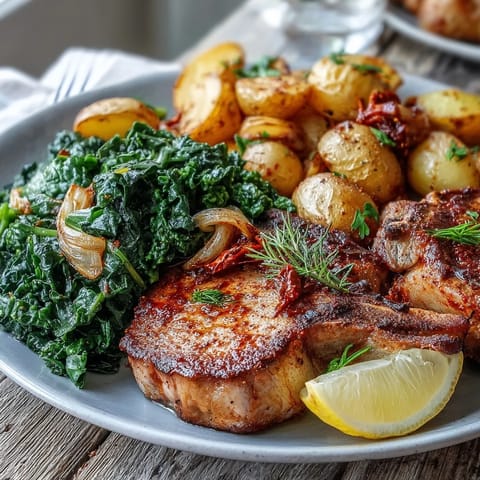 A close-up of Aleppo Pork Chops reveals smoky pimentón crust and juicy interiors with roasted potatoes.