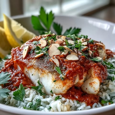 Tender cod baked in a zesty tomato sauce with spiced almonds and lemon wedges on ginger rice.