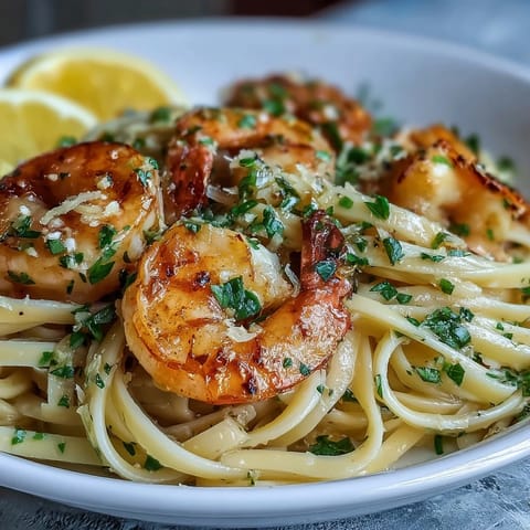 Shrimp Scampi with Linguine served hot with lemon wedges on a rustic plate, ready to eat.