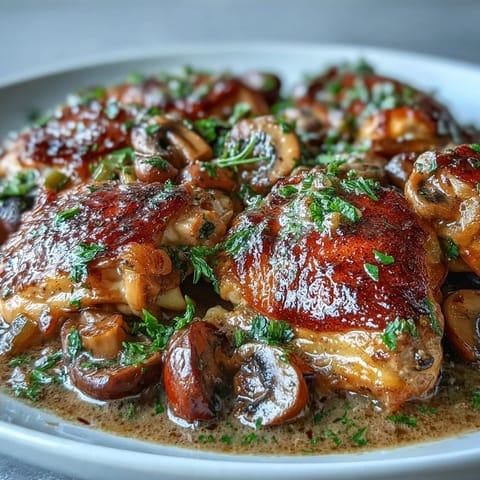 A skillet of Coq au Vin Rosé shows creamy rosé sauce ladled over chicken, paired with buttered potatoes.