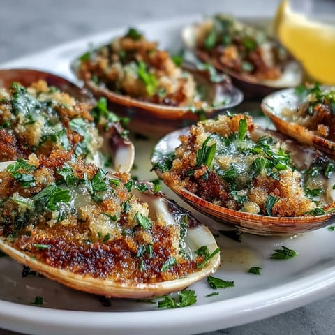 Golden-baked Roasted Clams With Lemony Panko sit on a bed of rock salt, garnished with fresh parsley and lemon wedges.