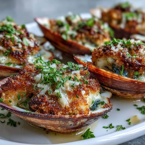 Twelve golden-topped Roasted Clams With Lemony Panko garnished with fresh parsley and lemon wedges on a rustic serving platter.
