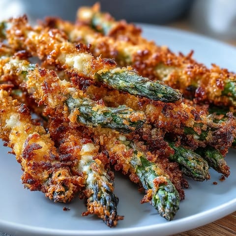 Golden-brown Crispy Asparagus Asiago Spears arranged on a platter with lemon wedges for serving. The spears feature a crunchy panko and Asiago crust, baked to perfection and ready to dip into a creamy aioli.