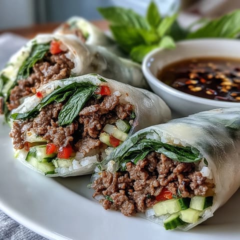 Freshly rolled Thai Basil Beef Rolls with cucumber, carrots, and herbs, displayed on a white plate with a lime wedge.